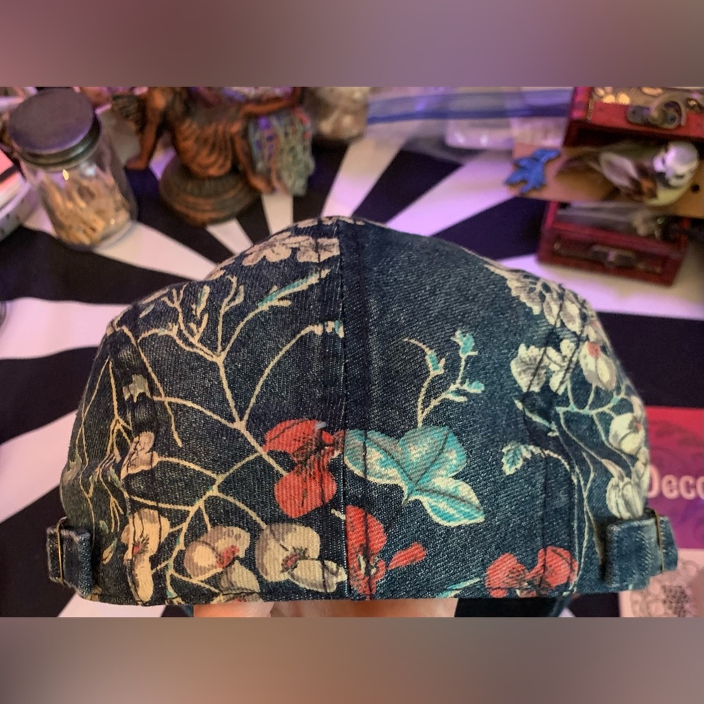 Floral Flat Cap Adjustable Denim Newsboy Hat - Picture 4 of 7